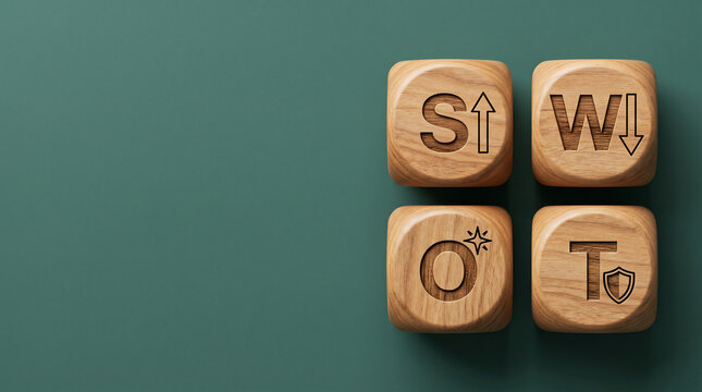Four wooden cubes arranged in a grid spelling SWOT with strategy icons on a clean teal-green matte background for business analysis.