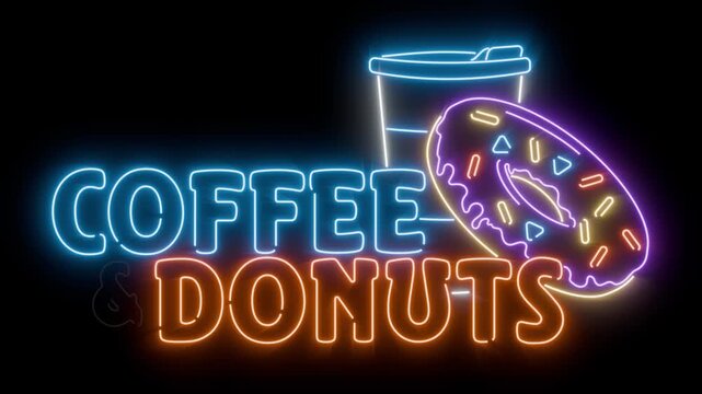 Coffee and donuts glowing flickering neon sign seamless loop animation on uniform background for easy blending