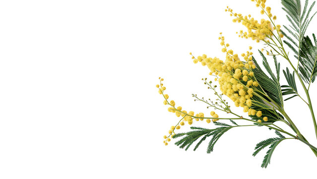 Yellow flowers mimosa with green leaves  isolated on transparent background cut out