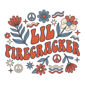 Groovy "lil firecracker" design with peace signs and flowers fourth of july independence day baby girl firecracker patriotic typography illustration peace sign celebration decorative