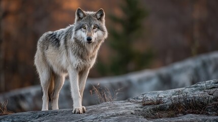 Fototapeta premium Majestic wolf standing on a rocky surface
