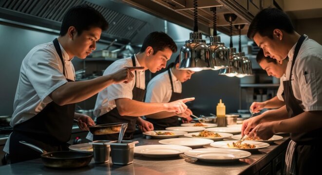 Professional Chefs Cooking and Plating Meals in a Busy Commercial