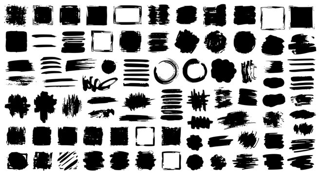 Paint brush strokes. Black vector rough edge rectangles. Grunge square frames set. Jagged edge torn paper background collection. Grungy distressed text boxes. Transparent background PNG version.