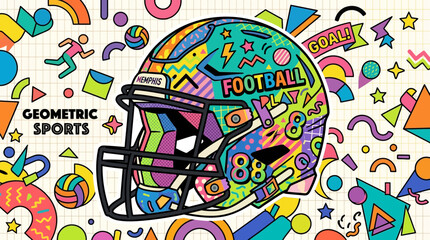 Fototapeta premium American Football Helmet with Vibrant Memphis Style Pattern.