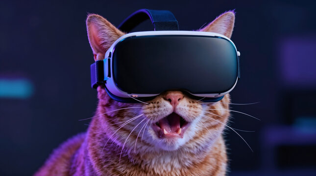 Funny Ginger Cat Wearing VR Headset Exploring Metaverse - Future Technology Concept