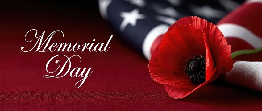 Red poppy flower on American flag with Memorial Day text, patriotic remembrance concept honoring fallen soldiers, USA national holiday banner with copy space
