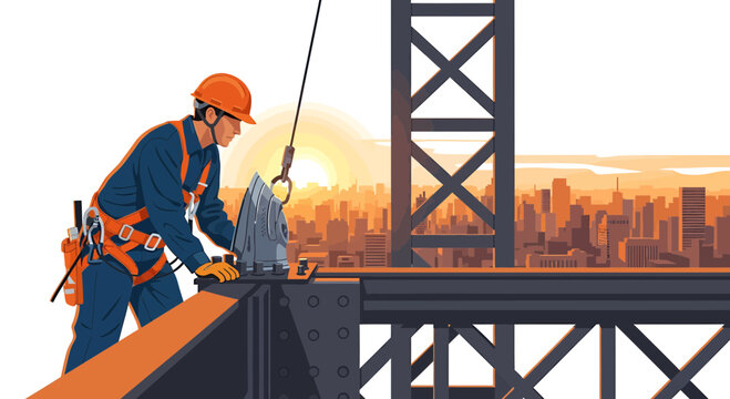 Construction Worker on Skyscraper Beam at Sunset Illustration