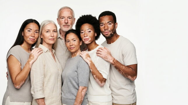 Proud of skin imperfections Diverse Group of Multiethnic People With Vitiligo Posing Together For Inclusion Body Positivity isolated on White Background