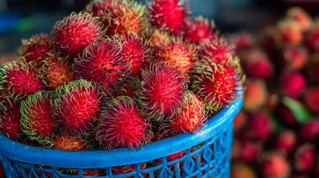 Close up many red rambutan in blue basket. rambutan sweet delicious fruit.background of fresh Thai rambutans. red and green.