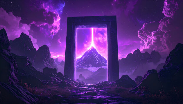 A surreal landscape features a monumental stone archway framing a vibrant, otherworldly vista of purple mountains and a luminous celestial light, evoking a sense of mystery and cosmic wonder.