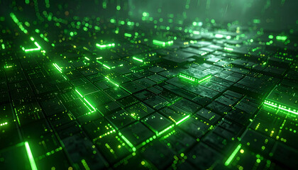 Obraz premium A mesmerizing abstract composition showcases a grid-like structure illuminated by vibrant green lines and dots, creating a futuristic and technological aesthetic.