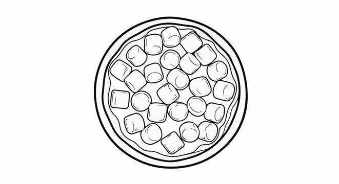 A black and white illustration of a circular dessert with toppings