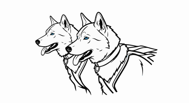 Two line-art husky dogs with blue eyes and collars, panting