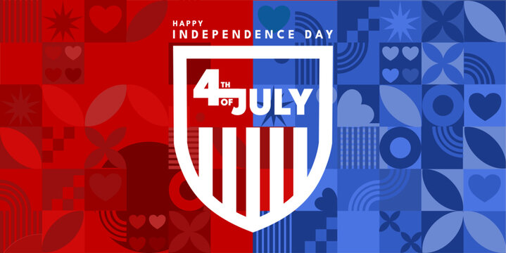 Happy independence day, 4th of july celebration background with shield and geometric pattern - banner, poster, card - vector illustratio