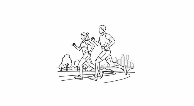 Two people jogging in a park with a city skyline in the background