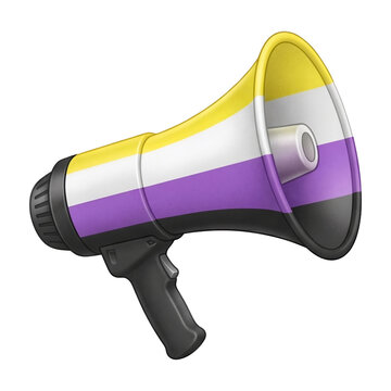 Megaphone decorated with the yellow white purple and black stripes of the nonbinary pride flag on white background