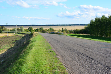 Fototapeta premium an asphalt road in the country with trees and electric pylons copy space