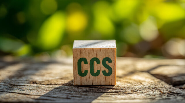 Symbol CCS  for Carbon Capture Storage words CCS on a wood cube on the environmental background. Net zero action concept. green energy, reduce carbon footprint, Save energy, carbon dioxide.