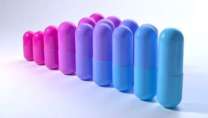 Fototapeta premium A row of colorful capsules, varying in shades of pink, purple, and blue, are neatly arranged against a bright white background, creating a visually striking and modern composition.
