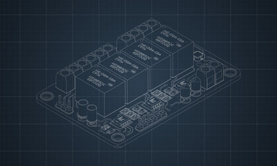 Fototapeta premium Isometric electronic board blueprint. Isometric printed circuit board with electronic components. Electronic components and integrated circuit board
