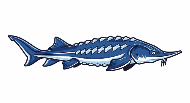 A stylized blue sturgeon with sharp dorsal fins and barbels