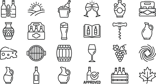 Wine and beverage icon set featuring bottles, glasses, barrels, vineyard elements and alcohol drink symbols in outline style