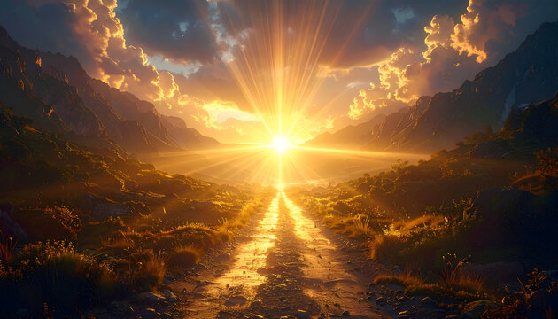 A breathtaking view of a sunlit path winding through a mountainous landscape, bathed in golden light and dramatic clouds.