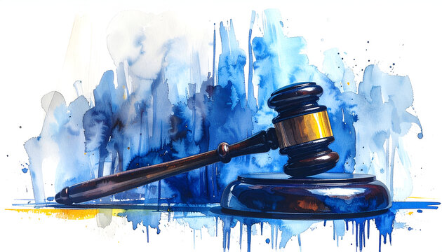 A watercolor painting depicts a gavel resting on a sound block against a vibrant blue and yellow abstract background.