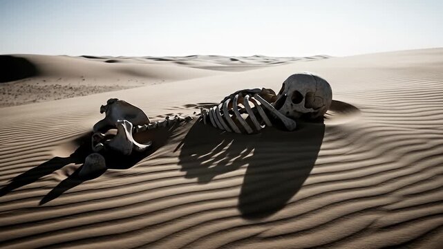 Sun-bleached skeletal remains lie in a wavy, undulating, desolate desert landscape