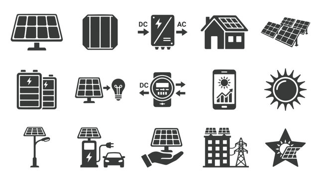 Premium Solar Energy and Smart Grid Solid Glyph Icon Set. Essential photovoltaic infrastructure, battery storage, and eco technology vector symbols for clean energy UI design
