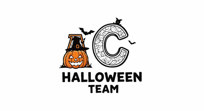 A smiling jack-o'-lantern wearing a witch's hat next to a decorative letter C