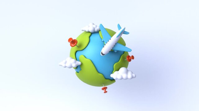 3D airplane flying around the globe, travel route with location indicator. 4K video