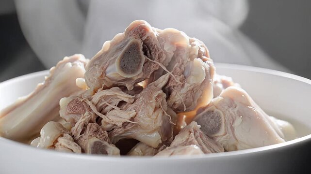 Closeup of Steaming Cooked Chicken Bones in a White Bowl.