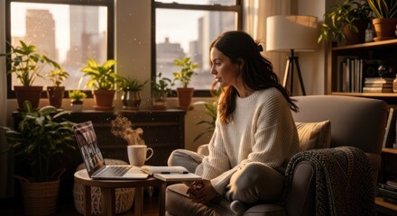 Fototapeta premium A young woman sits in a comfortable armchair, focused on a laptop. She is bathed in the warm glow of a nearby lamp, creating a cozy atmosphere. Outside the window, 