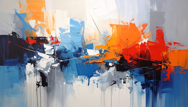 A vibrant abstract painting showcases a dynamic interplay of bold orange, blue, white, and black brushstrokes, creating a sense of movement and energy across the canvas.