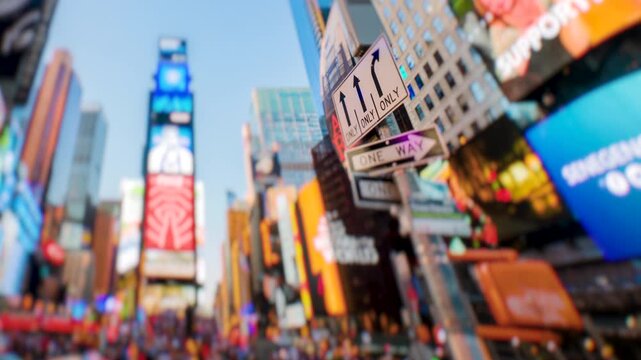 Times Square New York City Daytime Timelapse with Selective Focus. High dynamic range timelapse from raw photo files. Crazy busy people, traffic and LED walls of advertisements. 