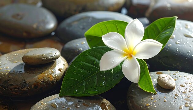 A serene white flower with green leaves on wet stones