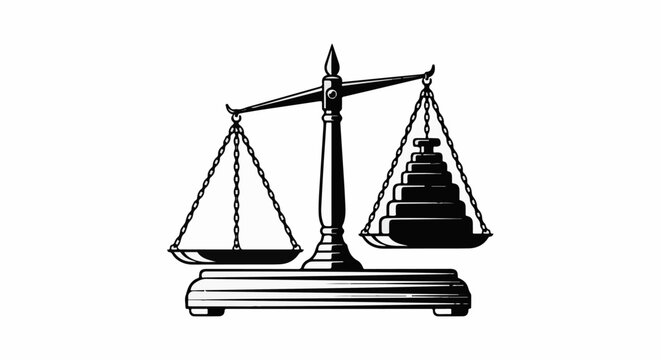A black and white illustration of a balance scale with weights on one side