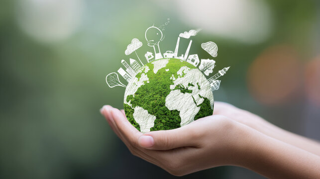 Hand of human holding green earth with the icon of Environment for ESG, co2, and net zero.World sustainable environment, save clean planet, Earth day and Ecology concept.