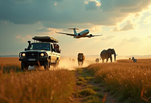 Safari Jeep Wildlife Spotting Adventure in the Savanna with Majestic Animals Under the Endless Sky