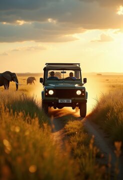 Safari Jeep Spotting Extraordinary Wildlife in Vibrant African Savanna Under Intense Blue Sky