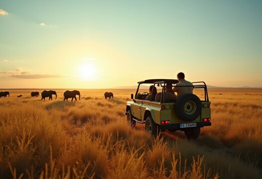 Safari Jeep Spotting Extraordinary Wildlife in Vibrant African Savanna Under Intense Blue Sky