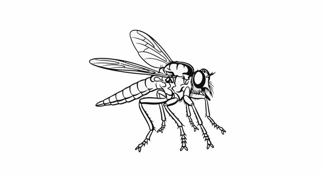 Detailed line drawing of a large, multi-legged insect with prominent eyes and wings