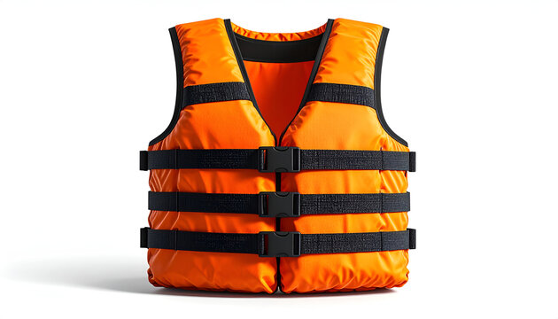 A bright orange life jacket with black straps and reflective detailing is displayed against a clean white background, emphasizing its safety features.