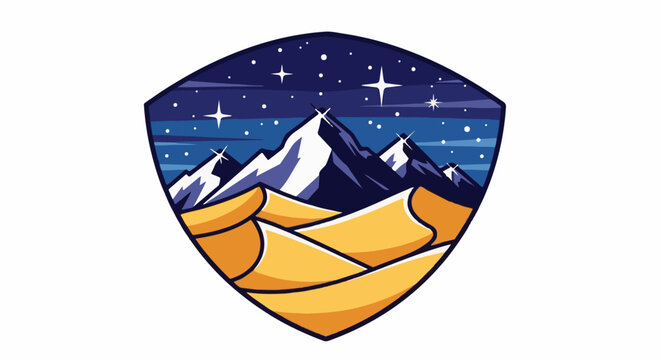 Shield-shaped emblem featuring desert dunes under a starry mountain night