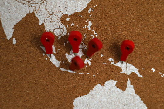 Indonesia Multiple Red Pin Corkboard Map Concept