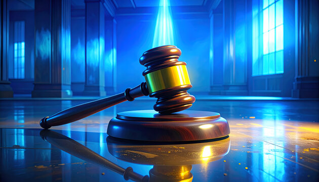 A gavel rests on a wooden base within a grand, columned hall bathed in dramatic blue light, symbolizing justice and legal proceedings.