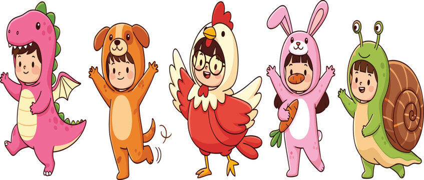 Set of five cute cartoon kids wearing animal costumes including pink dragon dinosaur dog chicken rooster rabbit bunny and snail vector illustration collection