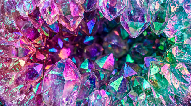 magical glowing crystal cave interior view shiny iridescent quartz geode formation colorful purple neon minerals vibrant geological texture fantasy background beautiful precious stones macro