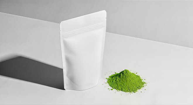 blank white standing pouch bag packaging mockup pile green matcha tea powder bright background strong shadow organic natural healthy product diet drink concept minimalist